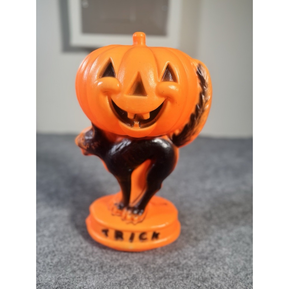 Vintage Halloween Blow Mold Black Cat Jack O Lantern Pumpkin 14" No Light